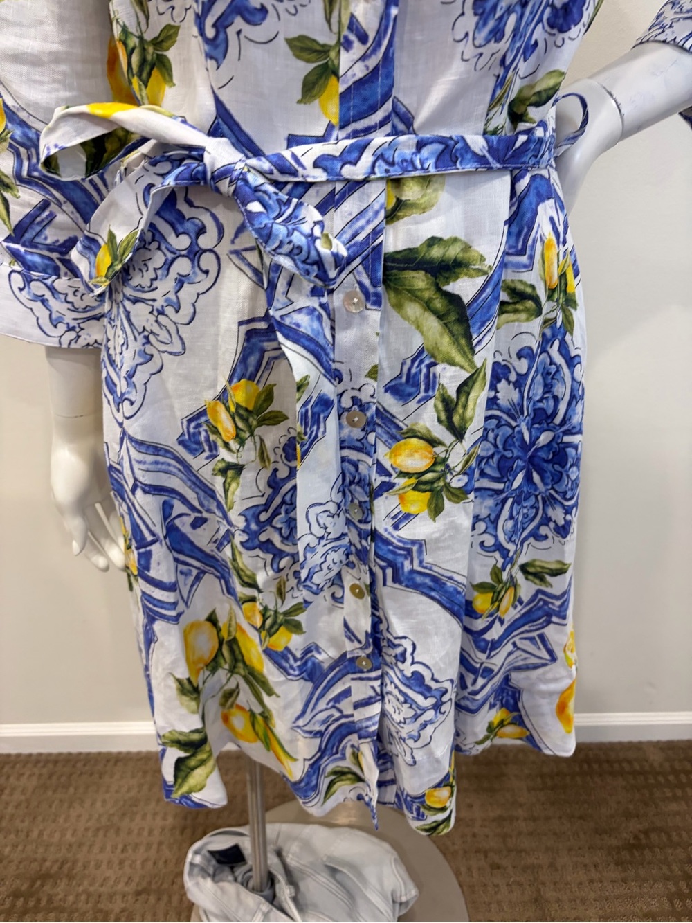 NWT IDILLIO POSITANO Linen Lemon Majolica Print Belted Button Up Shirt Dress - Picture 4 of 15